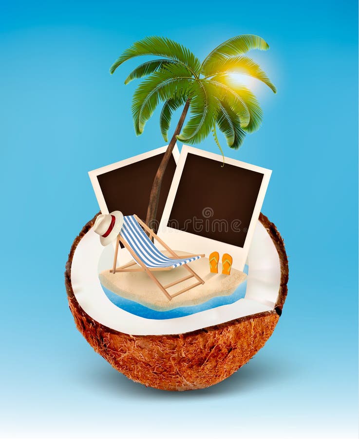 Concepto de las vacaciones Palmera, fotos y silla de playa ilustración del vector Concepto de las vacaciones Palmera, fotos y silla de playa ilustración del vector