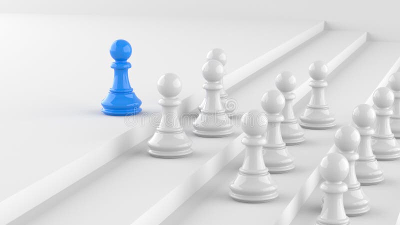 Concepto de liderazgo peón azul de ajedrez destacándose entre la multitud de blancos. Liderazgo concepto peón azul de ajedrez destacándose de la multitud de blancos 3d renderizado
