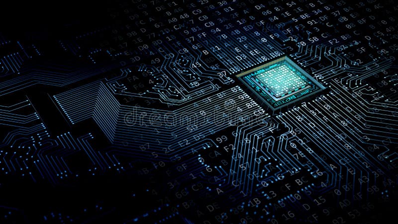 Internet data processing concept with a motherboard and processor doing computing work.3d render illustration. Internet data processing concept with a motherboard and processor doing computing work.3d render illustration.