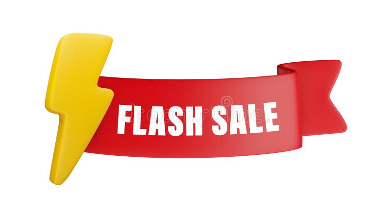 Concepto de placa de venta de flash 3d de dibujos animados vectoriales. cinta plegada roja 3d con texto flash de venta y relámpago libre illustration