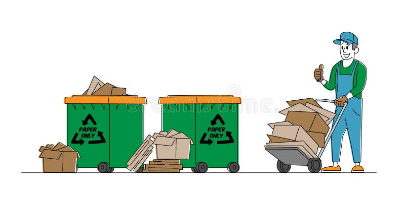 Concepto de reciclaje de basura o desperdicios de papel. caracter de portero con carrito de cartón usado en contenedores reciclabl libre illustration