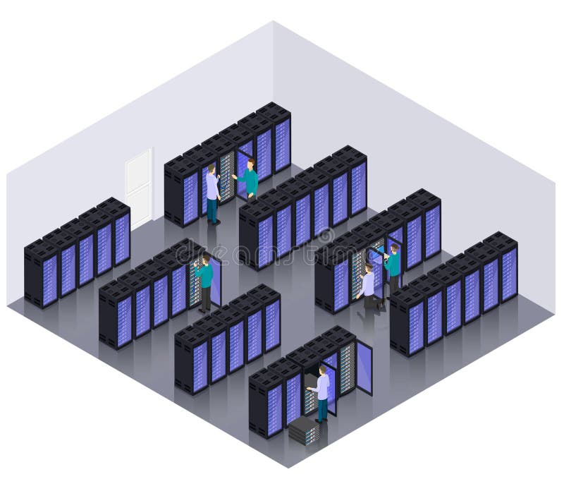 Concepto de sala de servidores de hospedaje de centros de datos isométricos libre illustration