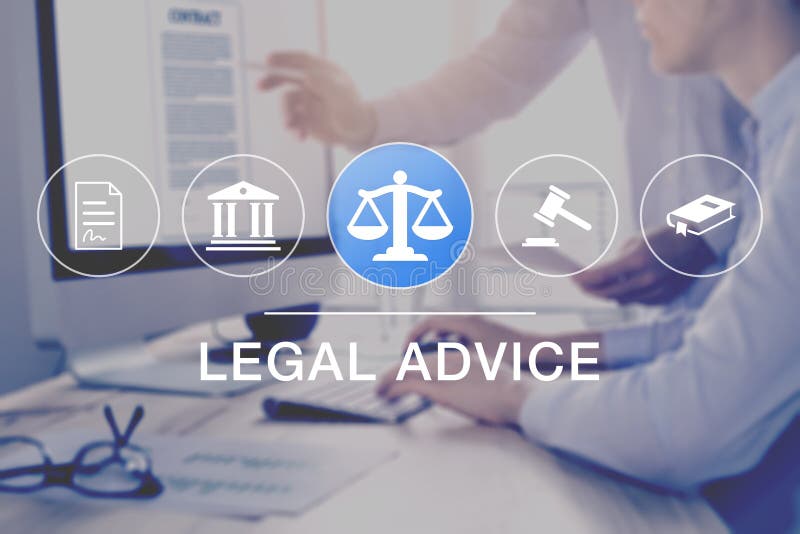 Concepto de servicio de asesoramiento jurídico y asesoramiento de abogados con iconos del contrato de derecho judicial y en segund