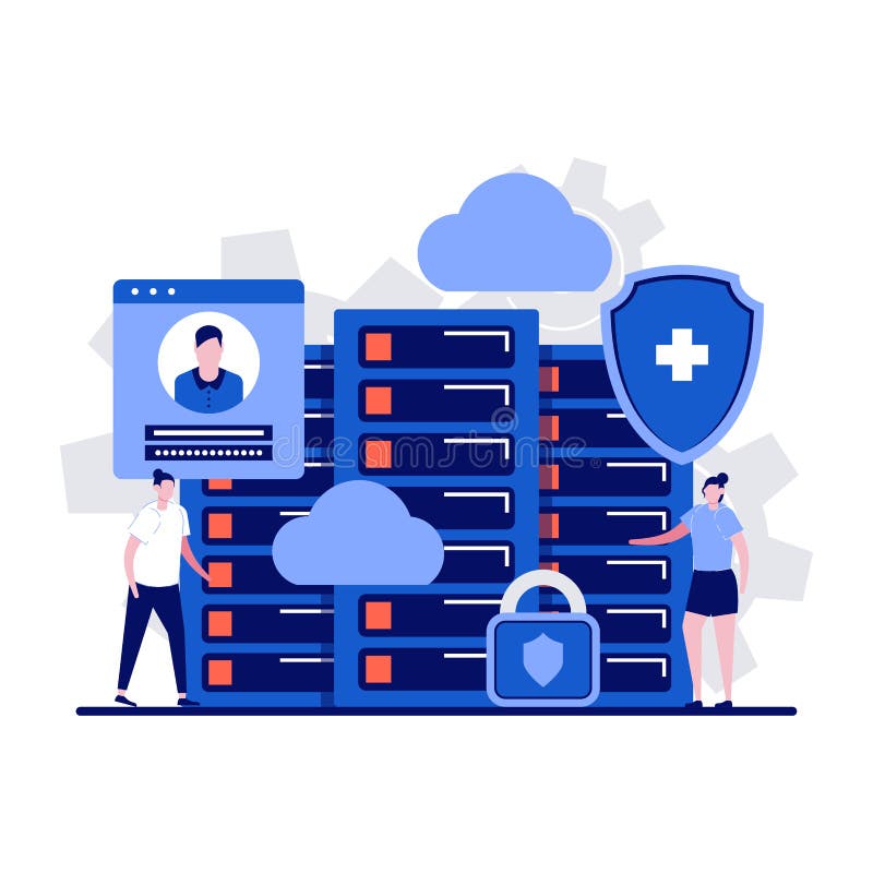 Concepto de servidor de datos con carácter. equipo de hardware de almacenamiento de información informática. host de Internet de b ilustración del vector
