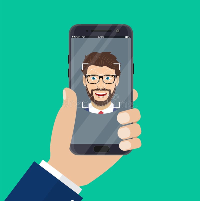 Concepto de sistema del reconocimiento de cara. Reconocimiento de cara, concepto de sistema de seguridad biométrico Dé sostener smartphone con el app de la cabeza humana y de la exploración en la pantalla Uso moderno Ejemplo del vector en estilo plano