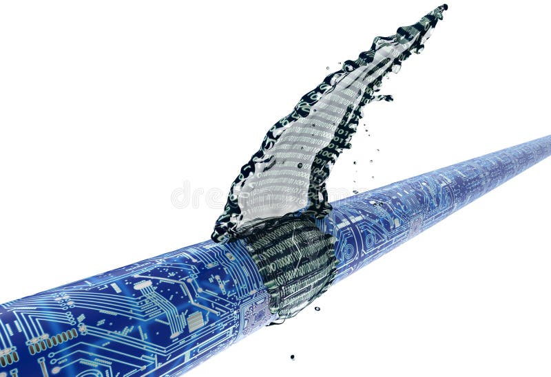 Concepto de software permeable, datos que vierten fuera del tubo stock de ilustración Concepto de software permeable, datos que vierten fuera del tubo stock de ilustración