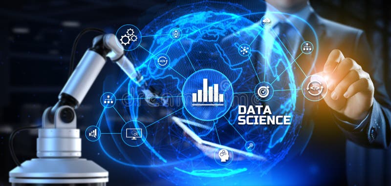 Concepto de tecnología de análisis de ciencia de datos brazo robótico de renderizado en cobot 3d ilustración del vector