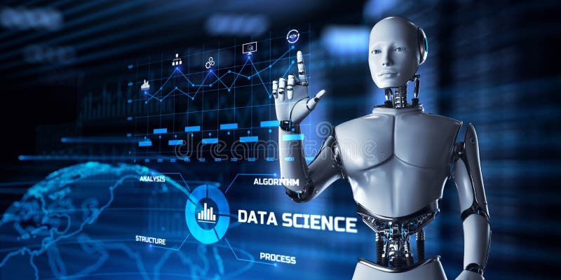 Concepto de tecnología de análisis de datos. botón de presión del robot en la pantalla 3d representaciones stock de ilustración