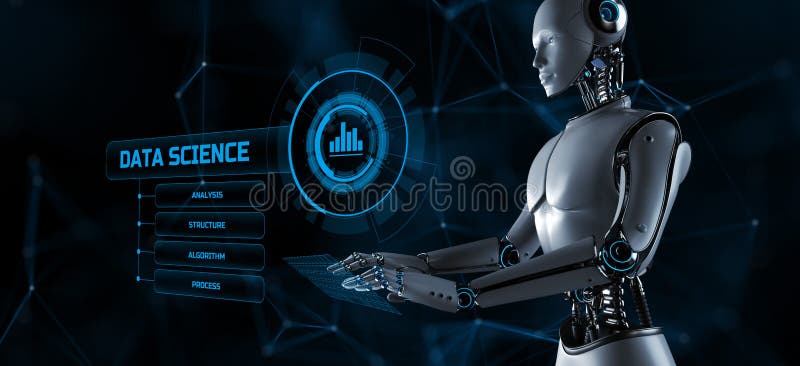 Concepto de tecnología de análisis de datos. botón de presión del robot en la pantalla 3d representaciones stock de ilustración