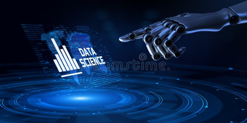 Concepto de tecnología de análisis de datos. representación 3d del botón de presión de mano robótica. ilustración del vector