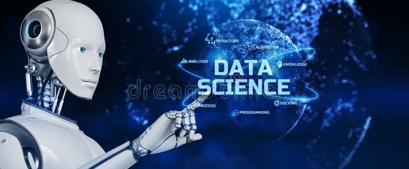 Concepto de tecnología de análisis de datos. robot pulsando el botón en pantalla 3d render ilustración del vector