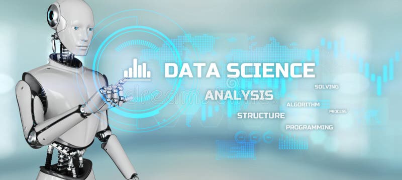 Concepto de tecnología de análisis de datos. robot pulsando el botón en pantalla 3d render ilustración del vector