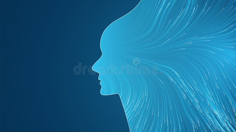 Concepto de tecnología artificial futurista con flujo de conexiones neuronales iluminadas formando un perfil facial blanco humano ilustración del vector