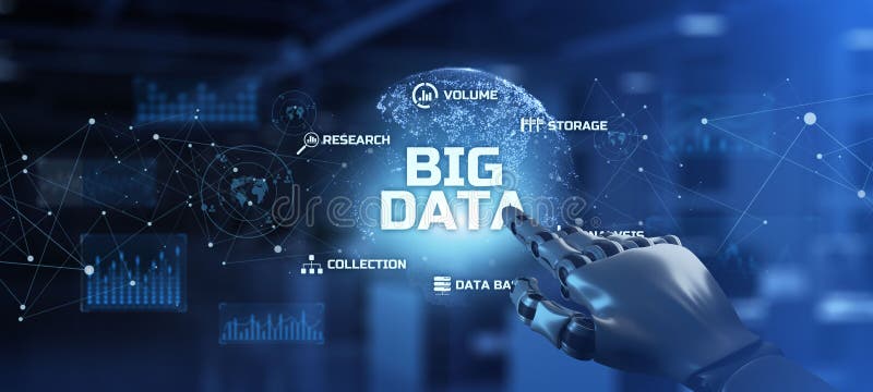 Concepto de tecnología empresarial de análisis de big data. representación 3d de brazo robótico stock de ilustración