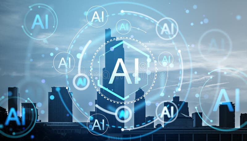 Concepto de tecnología de IA con interfaz digital futurista sobre el paisaje urbano moderno fotos de archivo