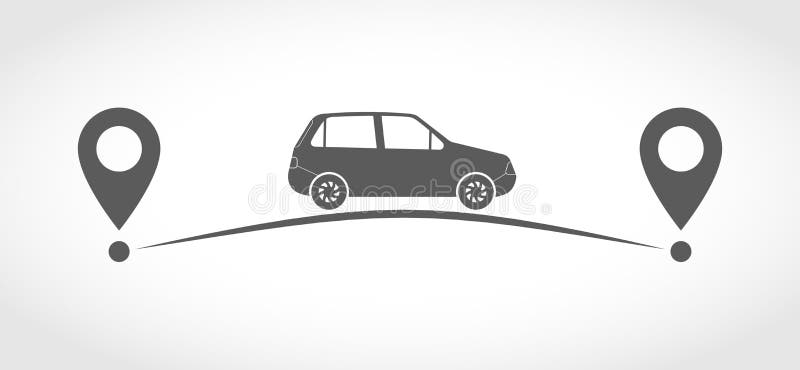 Concepto de viajar en coche Ilustración del vector. Coche y su ruta o pista que viaja con los marcadores de la ubicación Ilustración del vector concepto del recorrido
