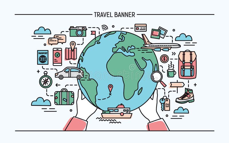 Concepto de viaje y de turismo Bandera horizontal de la publicidad con la tierra, globo, transporte, viajero necesario de las cos stock de ilustración Concepto de viaje y de turismo Bandera horizontal de la publicidad con la tierra, globo, transporte, viajero necesario de las cos stock de ilustración