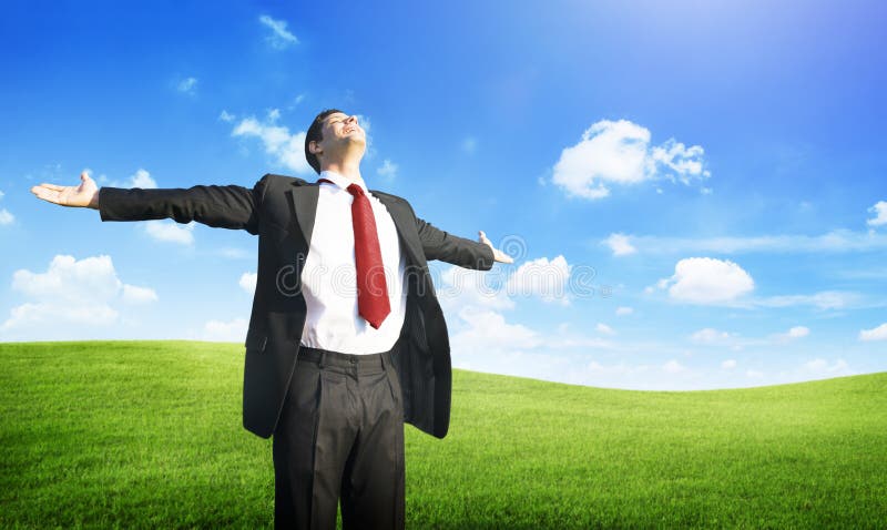 Concepto del campo de Business Success Happiness del hombre de negocios imagenes de archivo