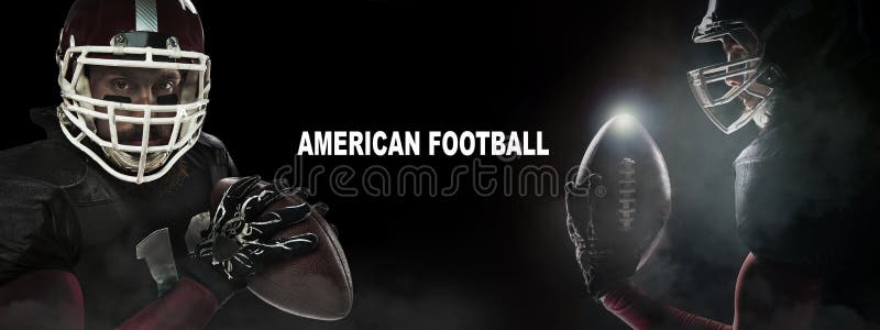 Concepto del deporte Jugador del deportista del fútbol americano en fondo negro con el espacio de la copia Concepto del deporte fotografía de archivo libre de regalías Concepto del deporte Jugador del deportista del fútbol americano en fondo negro con el espacio de la copia Concepto del deporte fotografía de archivo libre de regalías