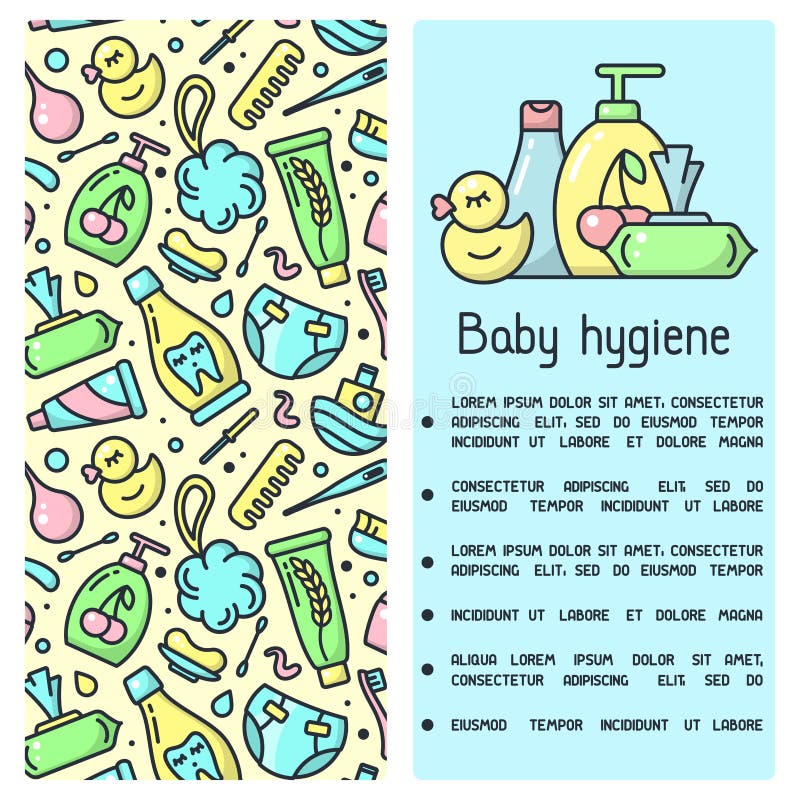 Information booklet concept with baby hygiene accessories and sample text. Cartoon style vector illustration. Information booklet concept with baby hygiene accessories and sample text. Cartoon style vector illustration