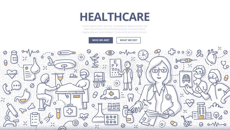 Doodle illustration of a healthcare system & medical organization. Concept of health care diagnosis, treatment and surgery for web banners, hero images, printed materials. Doodle illustration of a healthcare system & medical organization. Concept of health care diagnosis, treatment and surgery for web banners, hero images, printed materials