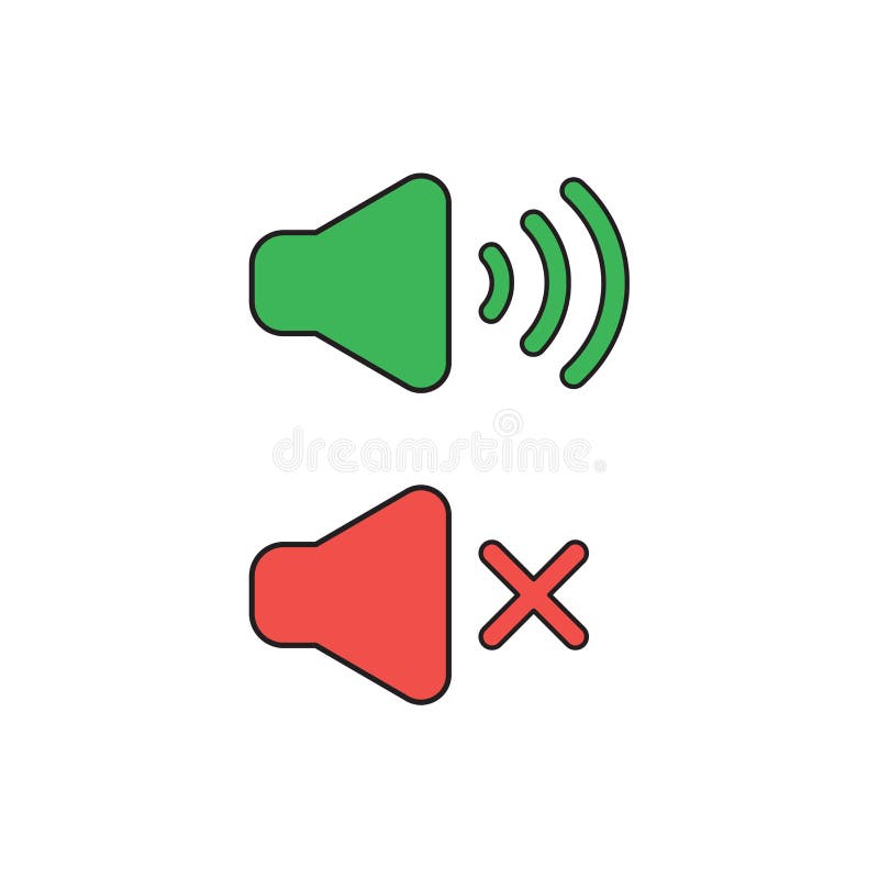 Vector icon concept of green and red speaker sound symbols on and off. Vector icon concept of green and red speaker sound symbols on and off