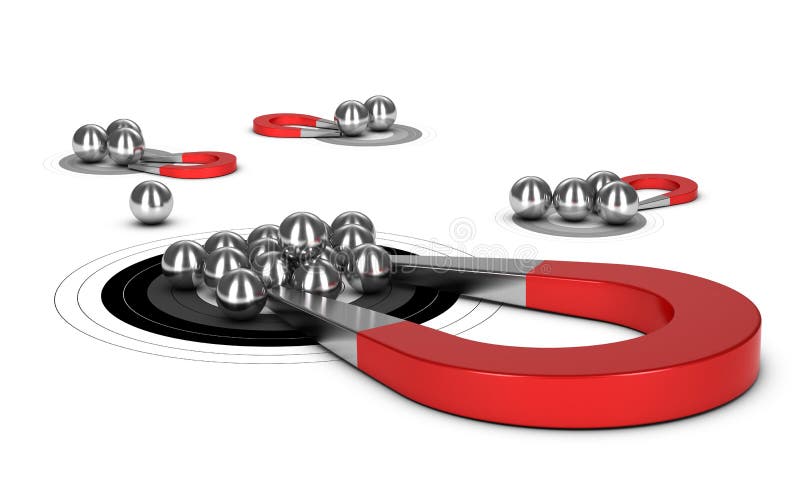 Horseshoe magnet attracting metal balls in a target, 3d conceptual image for illustraton of lead generation. Horseshoe magnet attracting metal balls in a target, 3d conceptual image for illustraton of lead generation