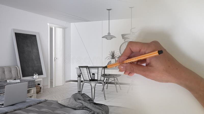 Concepto del interiorista del arquitecto: mano que dibuja un proyecto interior del diseño mientras que el espacio se convierte en imagen de archivo Concepto del interiorista del arquitecto: mano que dibuja un proyecto interior del diseño mientras que el espacio se convierte en imagen de archivo