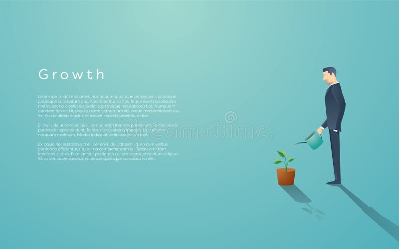 Concepto del negocio de crecimiento Hombre de negocios que riega la pequeña planta verde o árbol Éxito del símbolo, futuro stock de ilustración Concepto del negocio de crecimiento Hombre de negocios que riega la pequeña planta verde o árbol Éxito del símbolo, futuro stock de ilustración