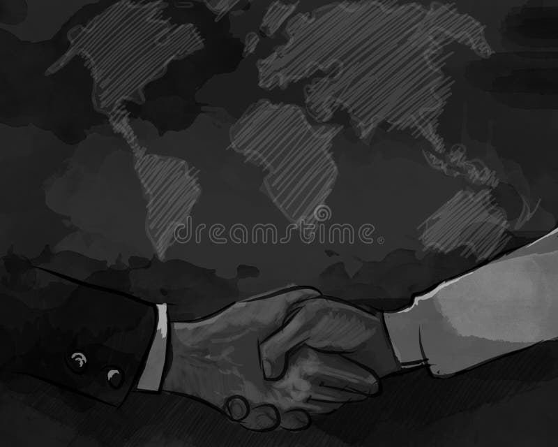 Concepto del negocio de la sacudida de la mano de comercio internacional del mapa del mundo del acuerdo del trato de la sociedad stock de ilustración Concepto del negocio de la sacudida de la mano de comercio internacional del mapa del mundo del acuerdo del trato de la sociedad stock de ilustración