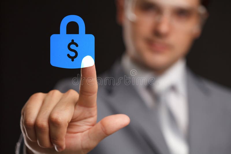 Concepto del negocio, de la tecnología, de Internet y del establecimiento de una red - el hombre de negocios que presiona segurid fotos de archivo Concepto del negocio, de la tecnología, de Internet y del establecimiento de una red - el hombre de negocios que presiona segurid fotos de archivo