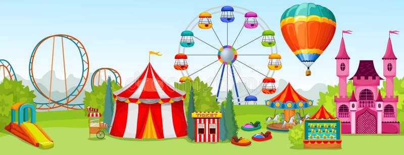 Amusement park concept of extreme and entertainment attractions on background of summer natural landscape vector illustration. Amusement park concept of extreme and entertainment attractions on background of summer natural landscape vector illustration