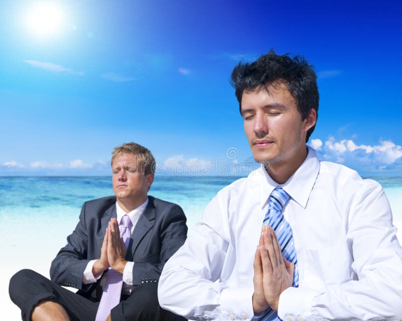 Concepto del refresco de la playa de la meditación del negocio