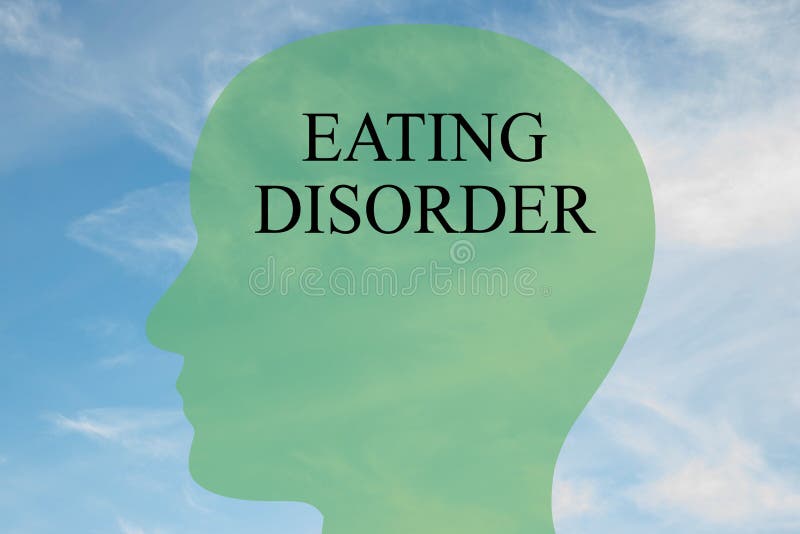 Render illustration of Eating Disorder Title on head silhouette, with cloudy sky as a background. Render illustration of Eating Disorder Title on head silhouette, with cloudy sky as a background