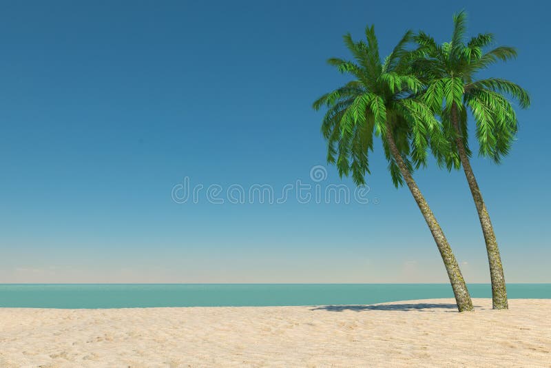 Concepto del turismo y del viaje Playa tropical vacía de Paradise con las palmeras blancas de la arena y del coco representación stock de ilustración Concepto del turismo y del viaje Playa tropical vacía de Paradise con las palmeras blancas de la arena y del coco representación stock de ilustración