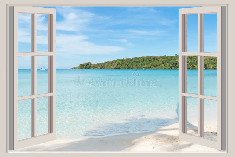 Concepto del verano, del viaje, de las vacaciones y del día de fiesta - la ventana abierta