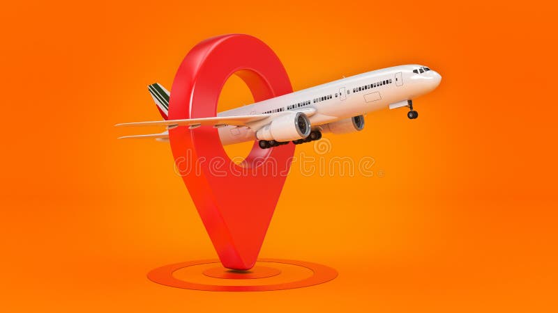 Concepto del viaje de la línea aérea Indicador del aeropuerto Aeroplano y perno aislados en blanco ilustración del vector Concepto del viaje de la línea aérea Indicador del aeropuerto Aeroplano y perno aislados en blanco ilustración del vector