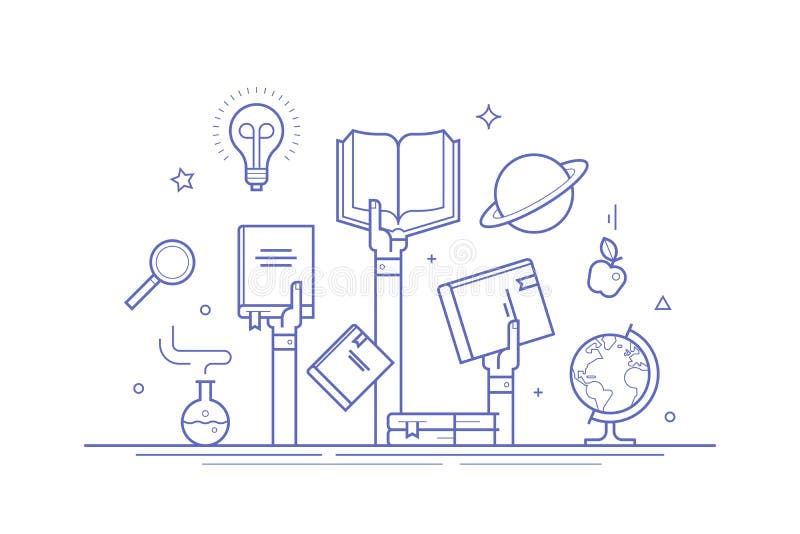 Concepto en conocimiento y la educación Línea fina composición plana del diseño para las banderas, los medios posts sociales y la libre illustration Concepto en conocimiento y la educación Línea fina composición plana del diseño para las banderas, los medios posts sociales y la libre illustration