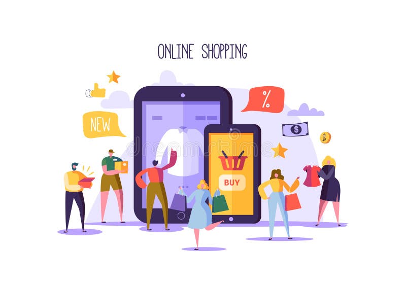 Concepto en línea de las compras con los caracteres Tienda móvil del comercio electrónico con los productos de compra de la gente libre illustration Concepto en línea de las compras con los caracteres Tienda móvil del comercio electrónico con los productos de compra de la gente libre illustration