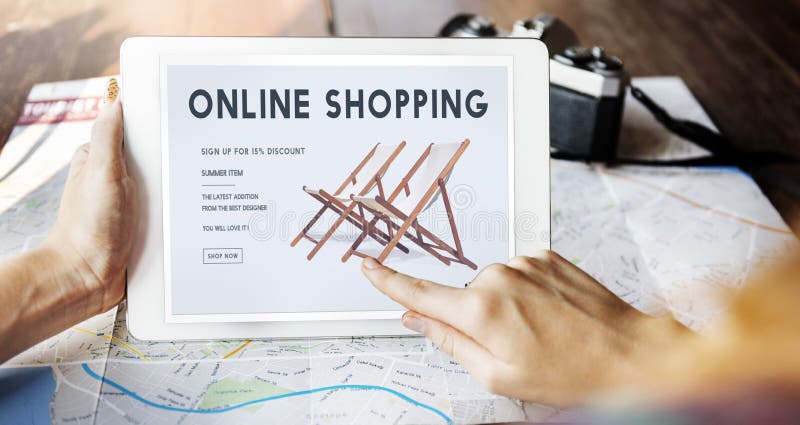 Concepto en línea de las E-compras del comercio electrónico de Shopaholics que hace compras