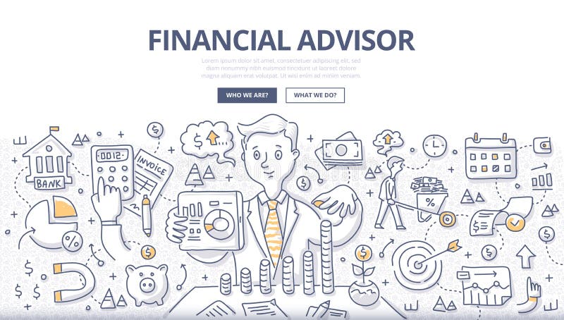 Doodle illustration of financial advisor giving advice on investment, saving money, managing money and planning ahead. Concept of financial consulting for web banners, hero images, printed materials. Doodle illustration of financial advisor giving advice on investment, saving money, managing money and planning ahead. Concept of financial consulting for web banners, hero images, printed materials