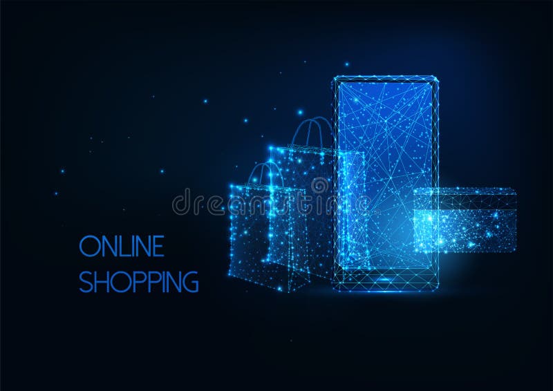 Concepto futurista de ecommerce de compras en línea con bolso de compra de teléfono móvil brillante y tarjeta de crédito