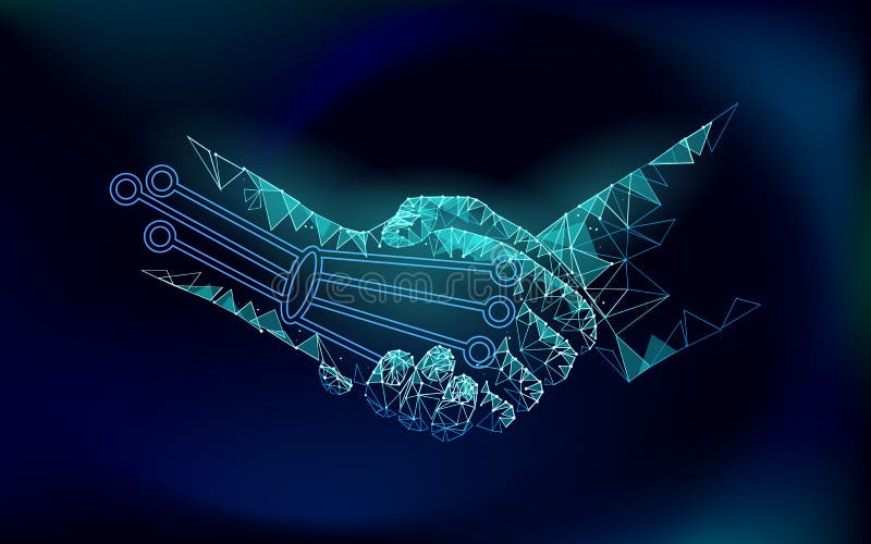 Concepto futuro de la Revolución industrial del apretón de manos polivinílico bajo Unión artificial y humana del AI Acuerdo en lí