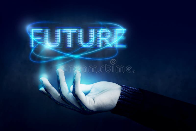 Concepto futuro, texto que controla abierto de la mano con Digitaces azules