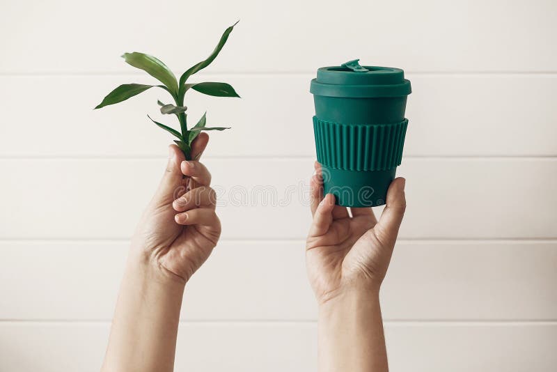 Concepto inútil cero, forma de vida sostenible Manos que sostienen la taza de café reutilizable elegante del eco y las hojas de b