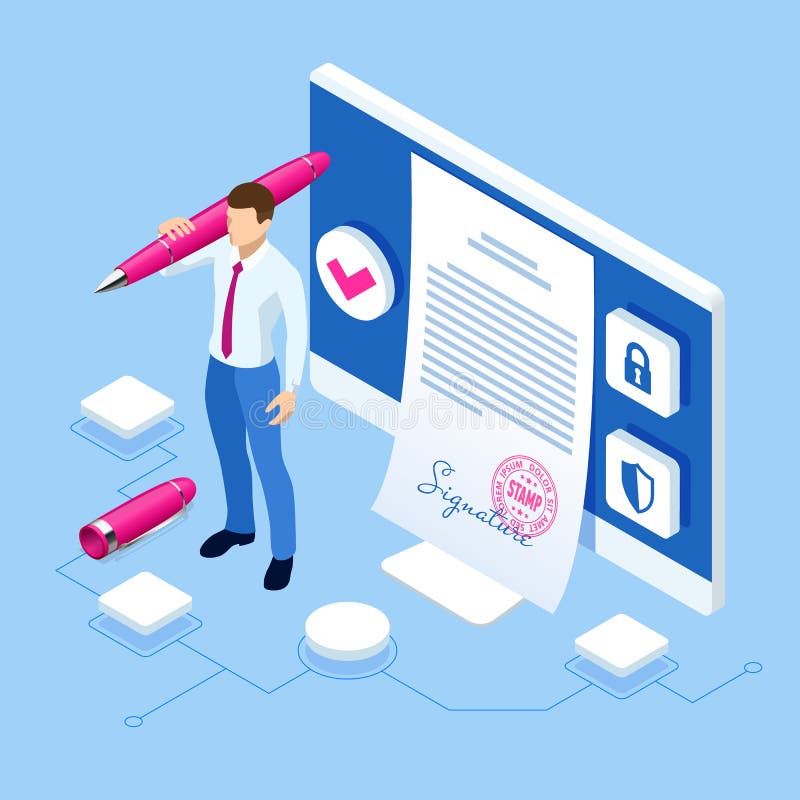 Concepto isométrico de la firma digital con la tableta y la pluma Manos de la mujer que firman la firma digital en la tableta ilustración del vector Concepto isométrico de la firma digital con la tableta y la pluma Manos de la mujer que firman la firma digital en la tableta ilustración del vector