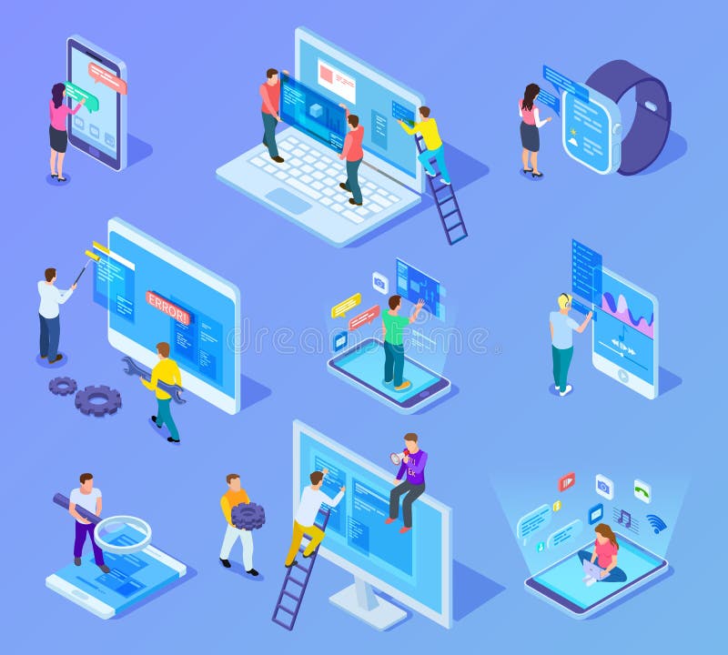 Concepto isométrico de los interfaces de la gente y del app Los usuarios y los promotores trabajan con ui del teléfono móvil y de stock de ilustración Concepto isométrico de los interfaces de la gente y del app Los usuarios y los promotores trabajan con ui del teléfono móvil y de stock de ilustración