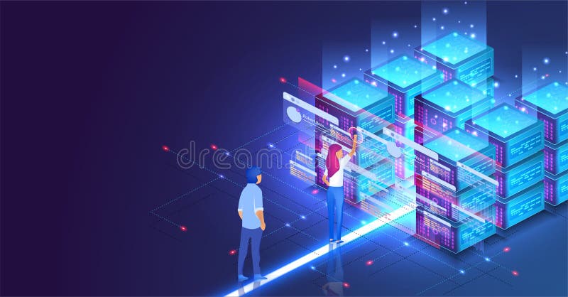Concepto isométrico: una joven mujer y un hombre crean un centro de datos de diseño personalizado o un fondo de cadena de bloqueo libre illustration
