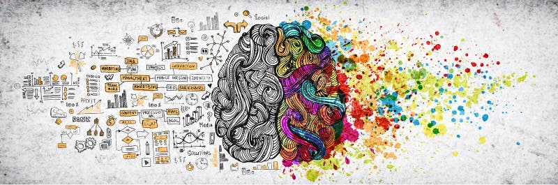 Concepto izquierda-derecha del cerebro humano, ejemplo texturizado Parte izquierda y derecha de cerebro humano, emotial creativos