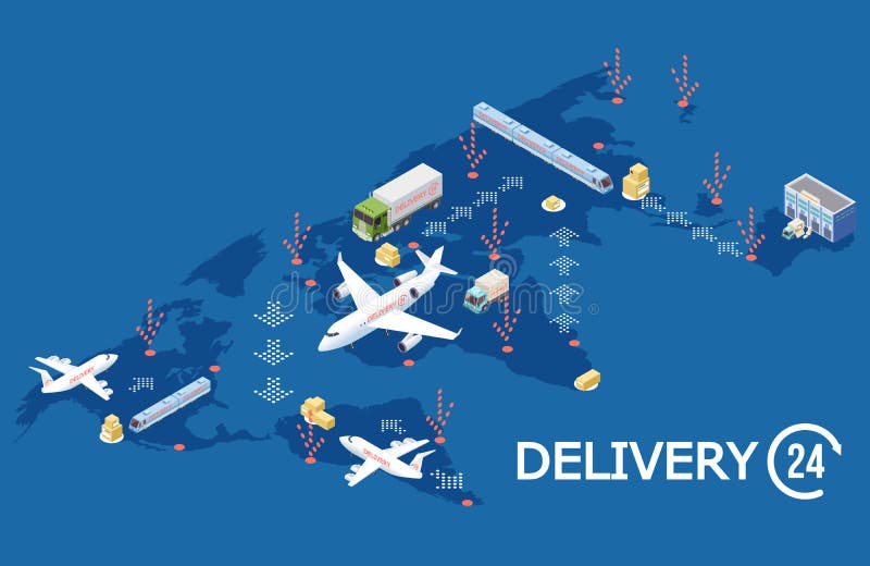 Concepto logístico global isométrico del vector, ejemplo del mapa del mundo de la entrega stock de ilustración Concepto logístico global isométrico del vector, ejemplo del mapa del mundo de la entrega stock de ilustración